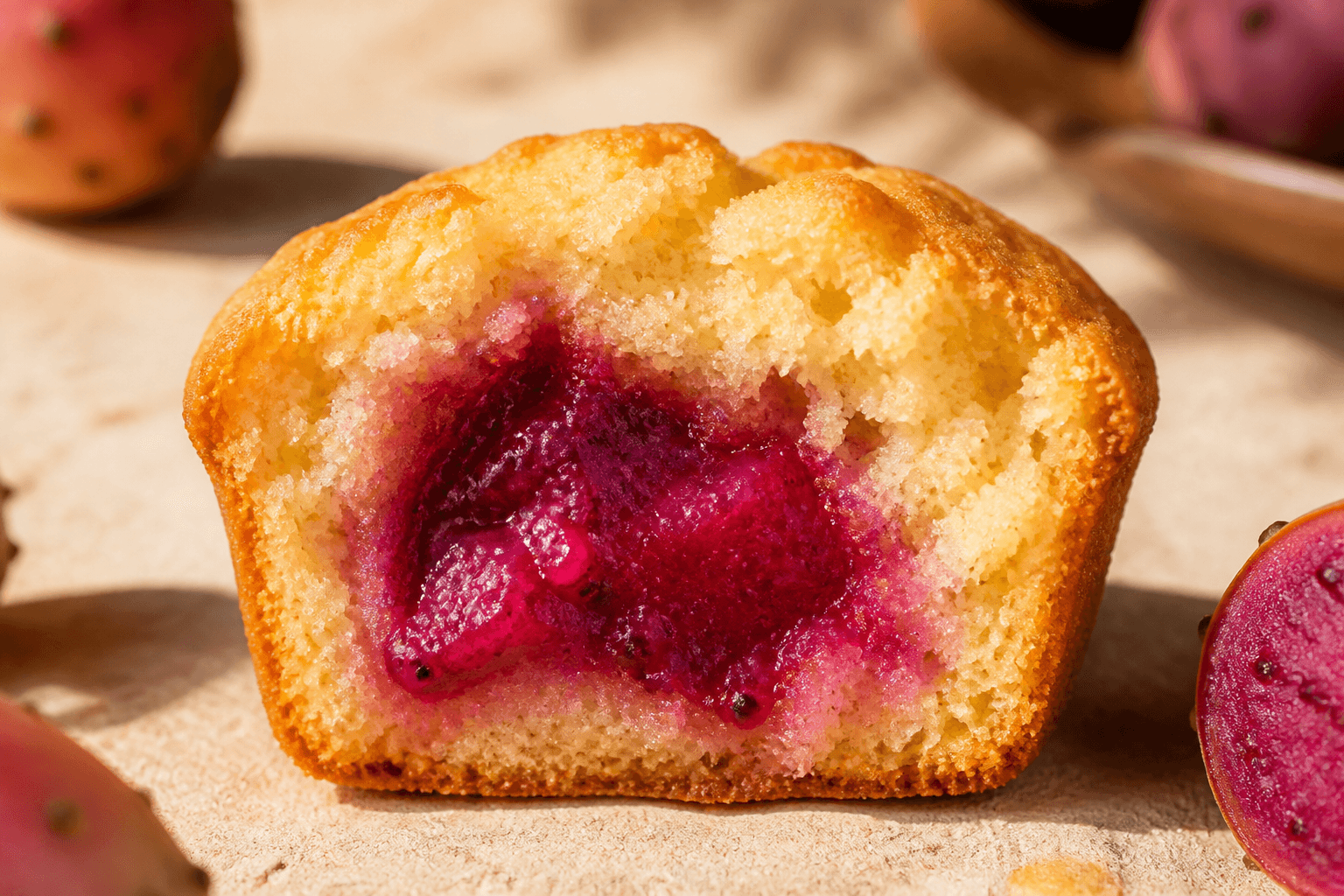 Prickly pear jelly visible inside a sliced homemade muffin