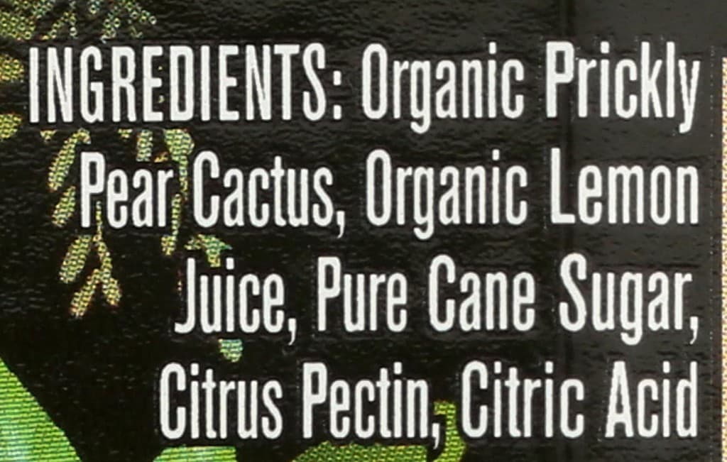 Product label ingredients panel listing organic prickly pear cactus, organic lemon juice, pure cane sugar, citrus pectin, and citric acid