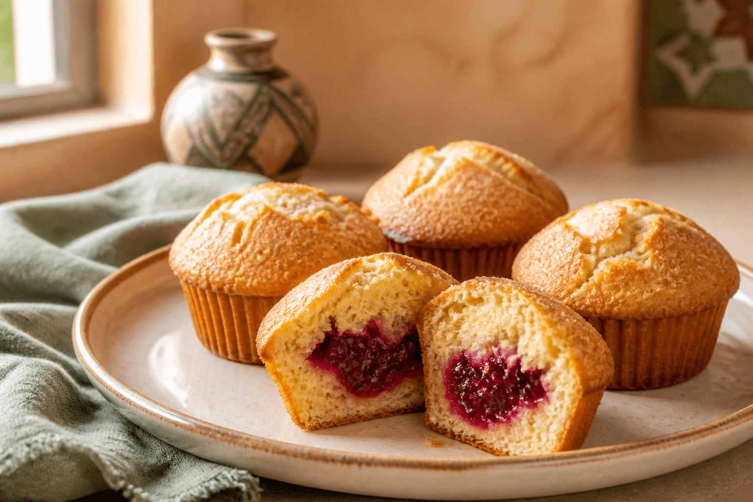 Arizona Sunrise Muffins with prickly pear jelly centers on a rustic board
