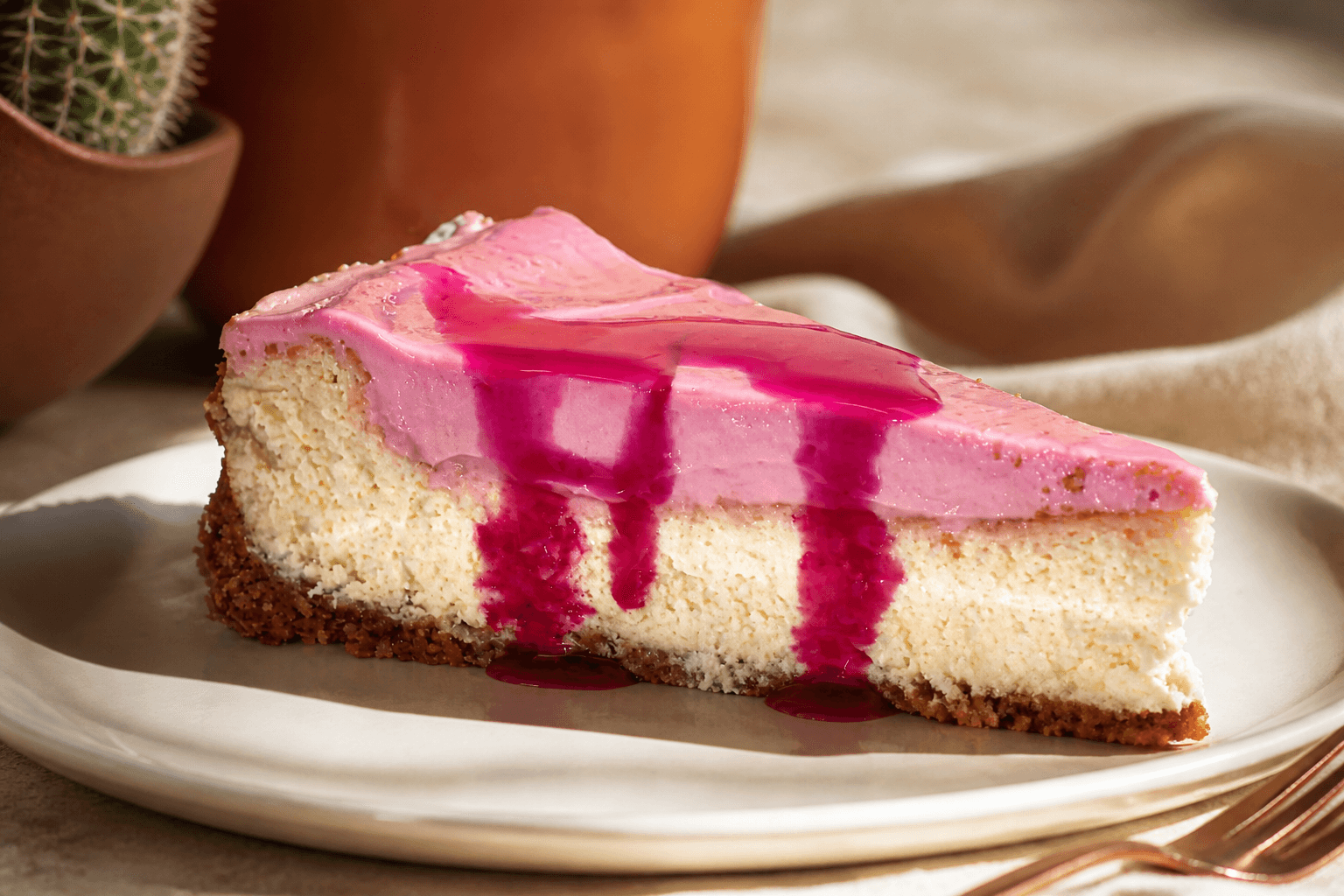 Elegant slice of classic prickly pear cheesecake with magenta topping on a white plate